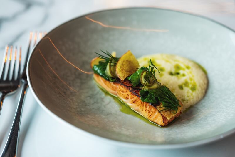 A dish featuring organic salmon at The Club at Goffs in County Kildare. 