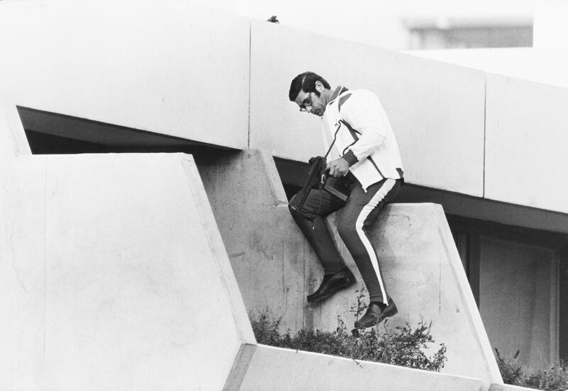 An armed police officer reacts after Palestinian terrorist group Black September takes hostages at the quarters of the Israeli athletes in the Athletes' Village during the 1972 Munich Olympic Games in Munich, West Germany, September 6th, 1972. Photograph: Daily Express/Archive Photos/Hulton Archive/Getty Images