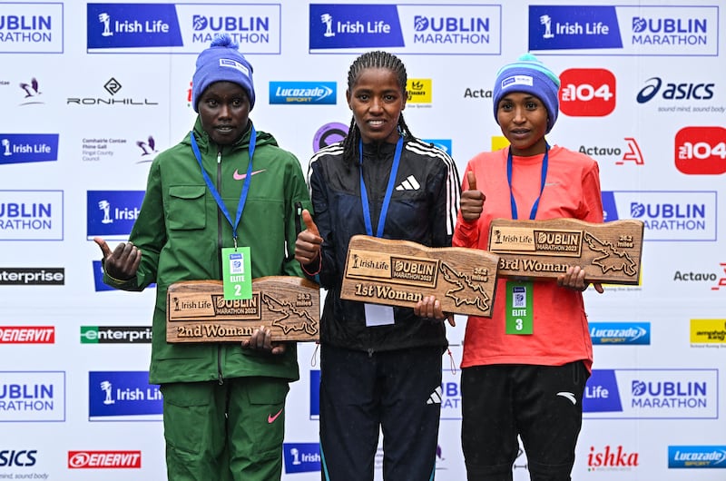 The Dublin Marathon: The women's winners from left, second place Joan Kipyatich, first place Amente Sorome Negash, and third place Genet Abdurkadir. Photograph: Sam Barnes/Sportsfile