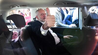 Jeremy Corbyn gives a thumb’s up during a campaign rally  in Glasgow.