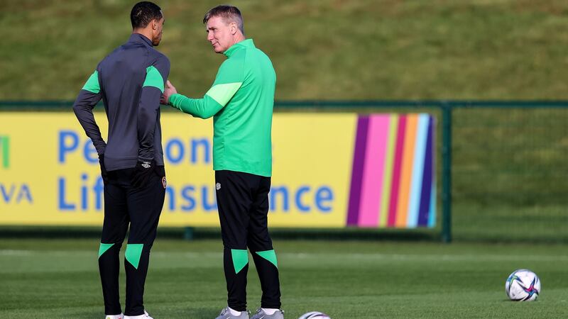 Ireland manager Stephen Kenny with Adam Idah during Monday’s training session. Photograph: Dan Sheridan/Inpho