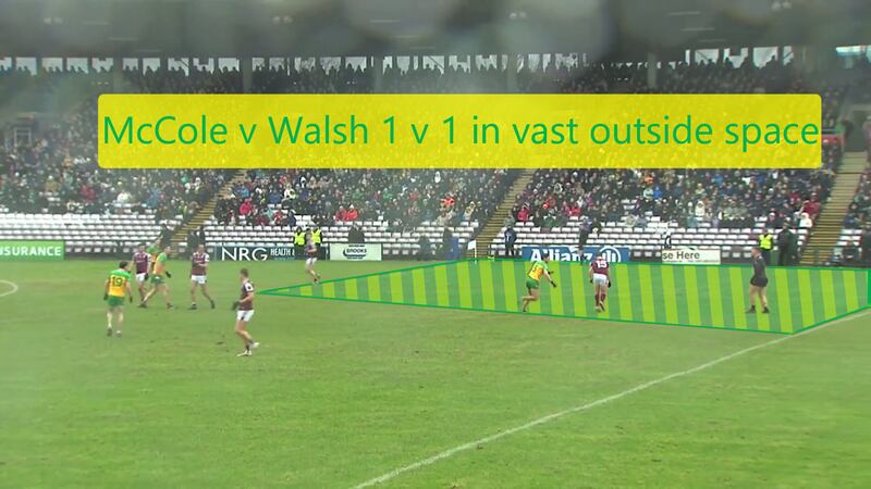 Donegal's Brendan McCole man-marking Galway's Shane Walsh in the two-point zone.