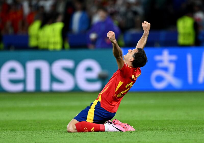 Mikel Oyarzabal of Spain celebrates after the team's victory. Photograph: Dan Mullan/Getty