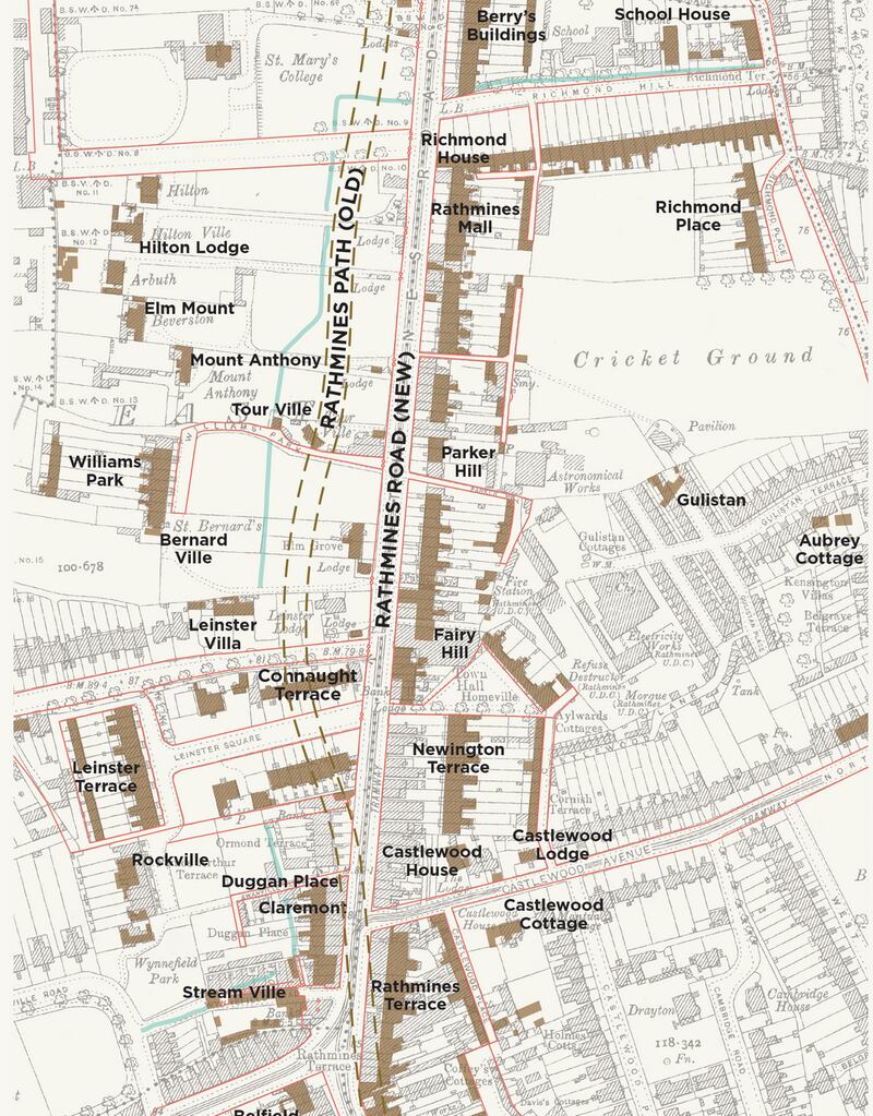 Map from the new atlas showing changes along Rathmines Road. Buildings in 1843 (in brown), the Swan River (in blue) and the old line of Rathmines Road are overlaid on an Ordnance Survey map of 1907.
