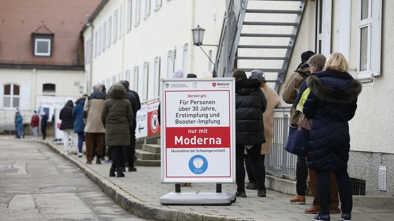 People wait to receive their Moderna vaccinations for Covid-19 at a vaccine center in Munich, Germany. Photograph: Michaela Handrek-Rehle/Bloomberg