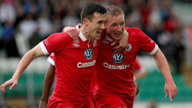 Paul O’Conor of Sligo Rovers celebrates scoring his side’s   goal  with Aaron Greene during the  Setanta Sports Cup Final at Tallaght Stadium. Photograph: Donall Farmer/Inpho