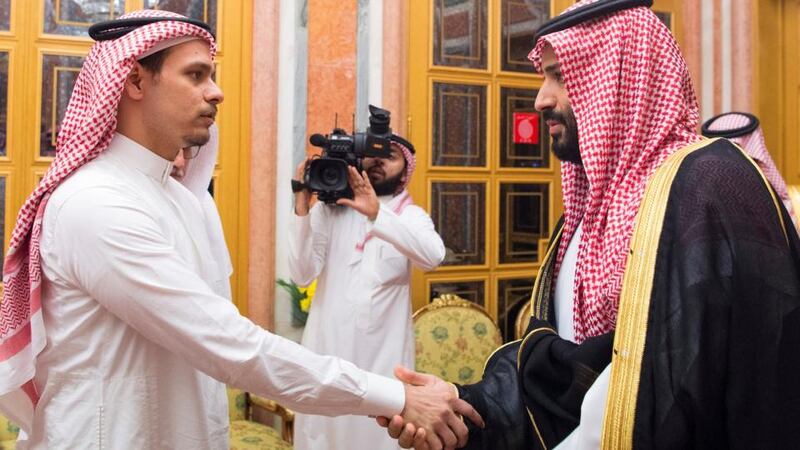 Saudi crown prince Mohammed bin Salman meeting with Salah bin Jamal Khashoggi, son of late Saudi journalist Jamal Khashoggi, in Riyadh, Saudi Arabia, on Tuesday. Photograph:  Saudi Royal Court/Handout via Reuters