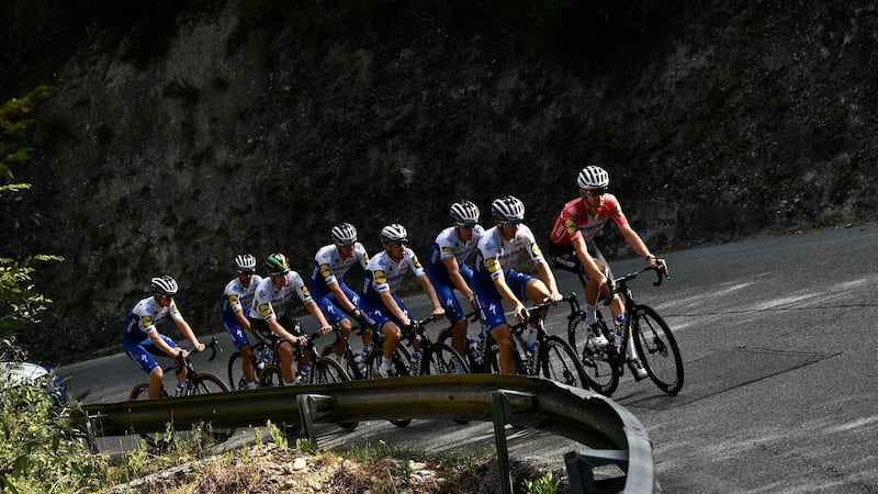 Team Deceuninck Quick Step riders training  on Thursday ahead of the start of the  107th edition of the Tour de France in Nice on Saturday. Photograph: Marco Bertorello/AFP via Getty Images