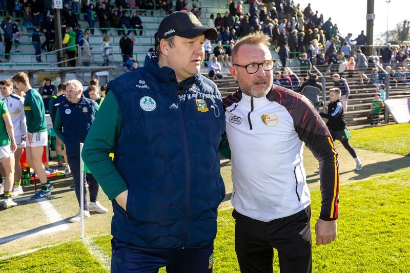 Meath manager Robbie Brennan with Carlow manager Joe Murphy after the game. Photograph: Morgan Treacy/Inpho