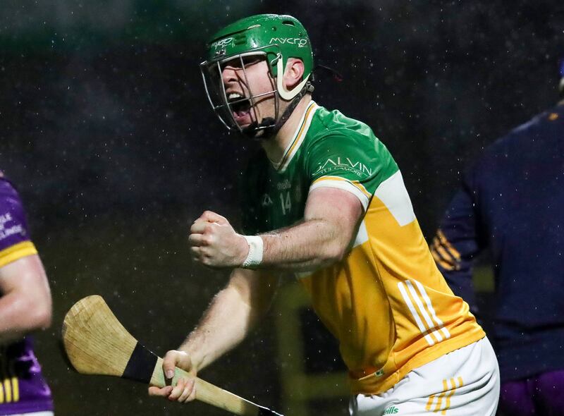 Offaly's Brian Duignan celebrates scoring a late goal against Wexford at Chadwick's Wexford Park. Photograph: Leah Scholes/Inpho 