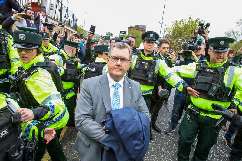 Former DUP leader Jeffrey Donaldson leaves the court in Newry, Photograph: Paul Faith/AFP via Getty