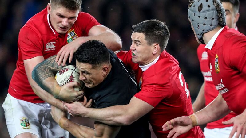 Owen Farrell and Jonathan Sexton tackle the All Blacks’ Sonny Bill Williams during the first Test at Eden Park. Photograph: Dan Sheridan/Inpho