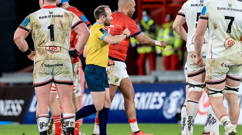 Mike Adamson had to be convinced by TMO Brian MacNeice to brandish Simon Zebo a red card. Photograph: Billy Stickland/Inpho