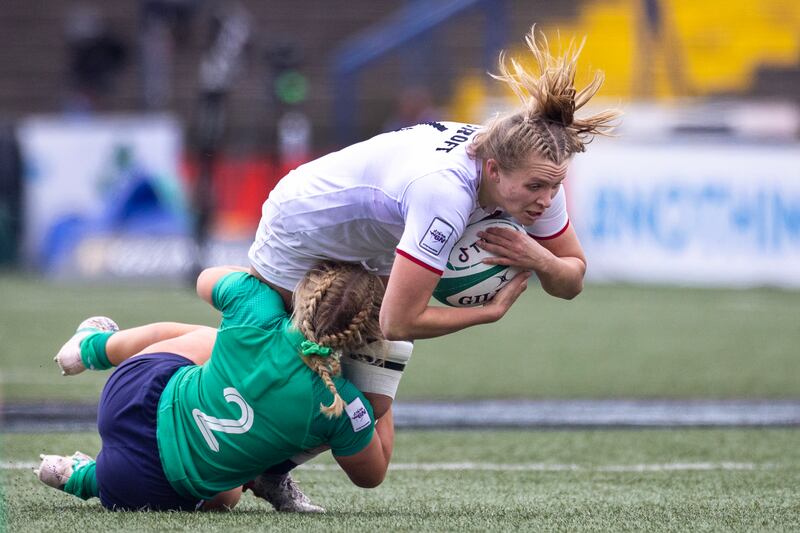 Ireland's Neve Jones tackles Zoe Aldcroft of England during the 2023 Six Nations game at Musgrave Park. Photograph: Tim Clayton/Corbis via Getty Images