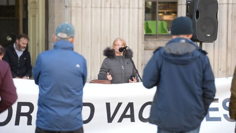 Dee Wall at an anti-lockdown protest at the GPO, Dublin. Photograph: Alan Betson