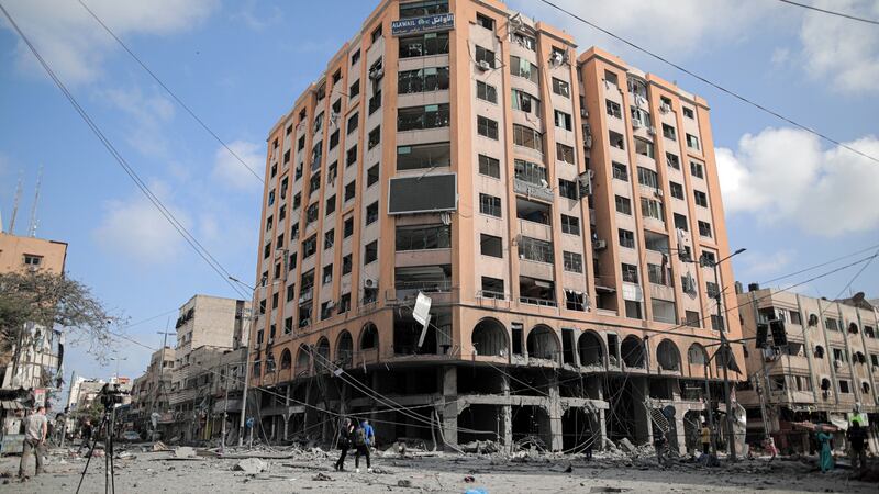 The Al-Jawhara building in Gaza City on Wednesday following an Israeli attack overnight. Photograpoh: Hosam Salem/New York Times