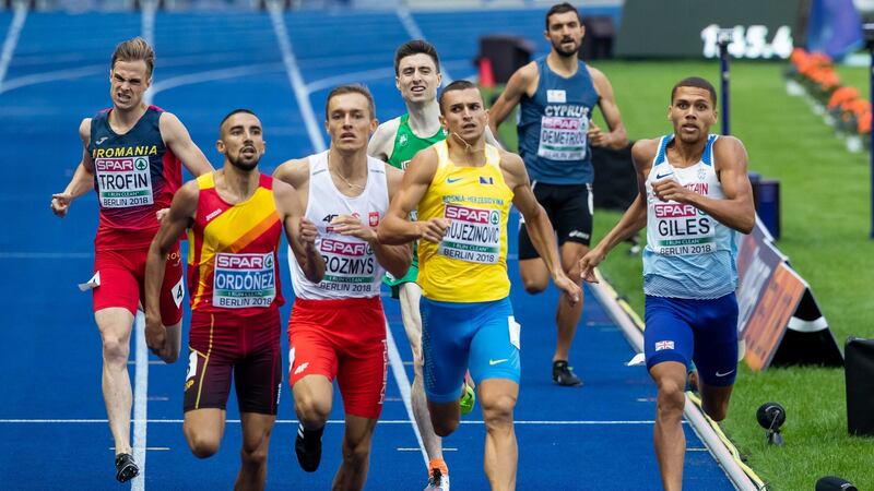 Mark English trails home the field in the 800m heats in Berlin. Photograph: Morgan Treacy/Inpho
