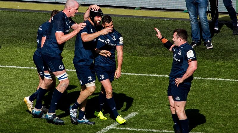 Leinster celebrate Scott Fardy’s second half try in the province’s win over Toulouse in Dublin. Photograph: Liam McBurney/PA