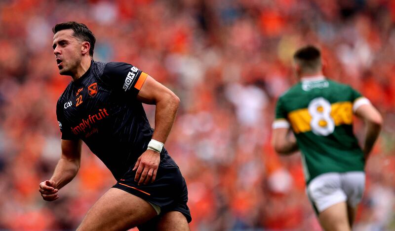 Stefan Campbell celebrates a score against Kerry. He has proved a valuable addition from the bench. Photograph: Ryan Byrne/Inpho 