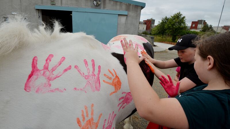 Daisy stands patiently while children practise finger-painting. Photograph: Alan Betson