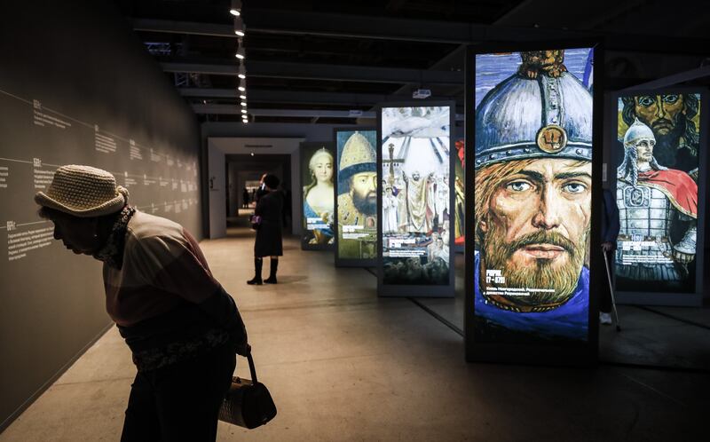 People visit an exhibition at the Manege Central Exhibition Hall in Moscow on Russia's 'special military operation' in Ukraine. Photograph: Yuri Kochetkov/EPA-DFE