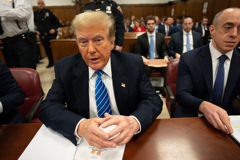 Donald Trump at Manhattan criminal court in New York on Monday, where his former fixer Michael Cohen began giving evidence in his 'hush money' trial. Photograph:  Steven Hirsch/AFP via Getty Images