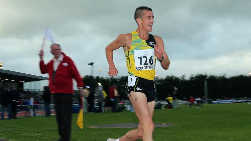 Local man Rob Heffernan on his way to winning the 3km walk at the Cork City Sports last night. Photograph: Inpho