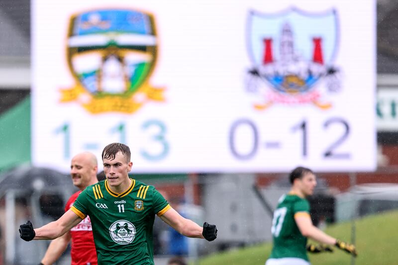 Meath's Ruairí Kinsella celebrates in the final moments of the game. Photograph: Ben Brady/Inpho