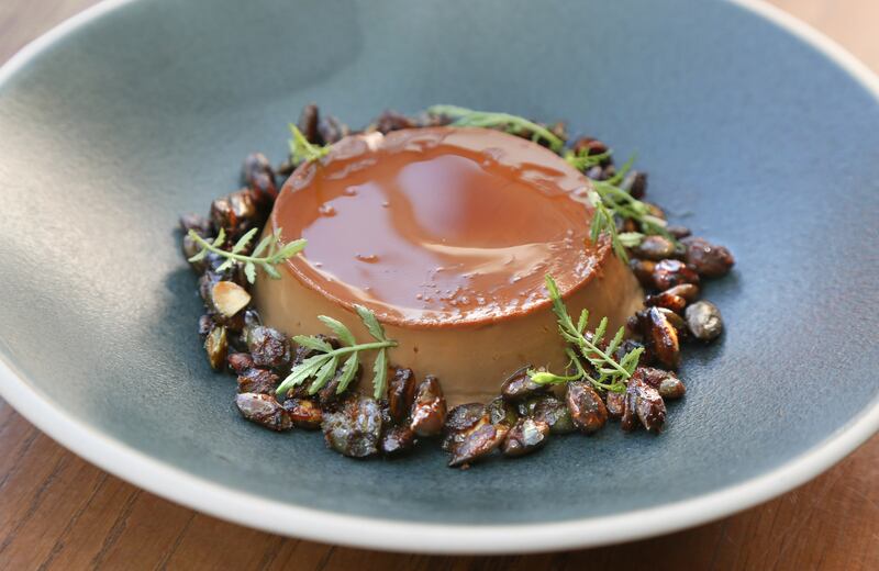Daróg: For dessert is coffee cream caramel (€9.90) encircled with candied pumpkin seeds. Photograph: Joe O'Shaughnessy