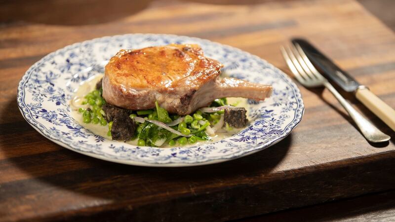 Bacon chop with petit pois à la Irlandaise. Photograph: Patrick Browne
