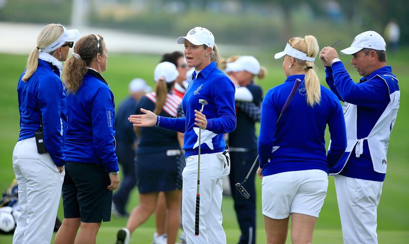 Suzann Pettersen explaining to Europe captain Carin Koch the length of putt that she did not concede to Alison Lee on the 17th green during fourball matches at the 2015 Solheim Cup at St Leon-Rot Golf Club in  Germany. Photograph: David Cannon/Getty Images