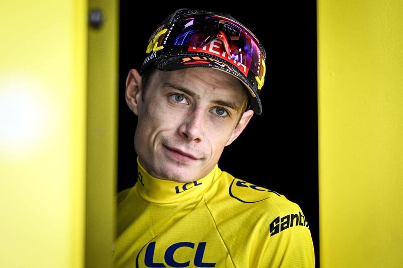 Jonas Vingegaard wearing the leader's yellow jersey after stage 19. Photograph: Jasper Jacobs/ Belga Mag/AFP via Getty Images