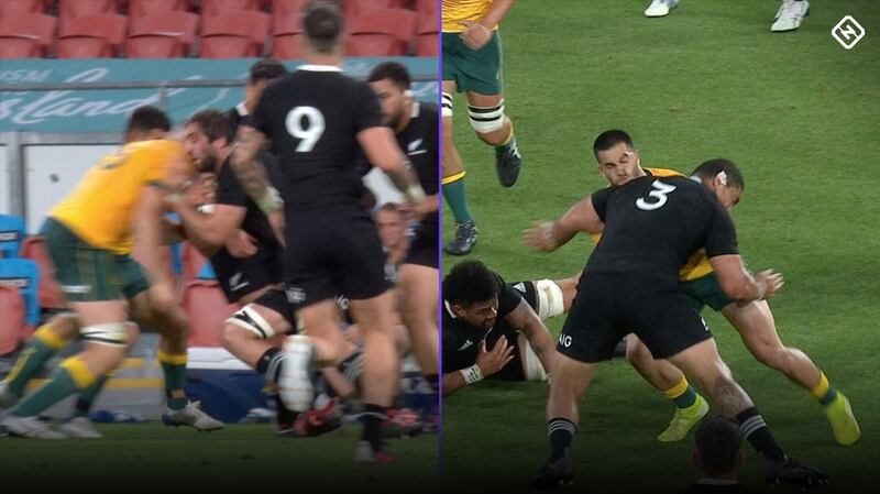 High hits by Lachie Swinton (left) and Ofa Tu’ungafasi that led to red cards in the Bledisloe Cup match.
