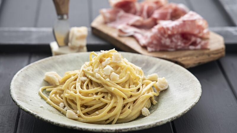 Spaghetti with yellow pepper cream.  Photograph:  Harry Weir Photography
