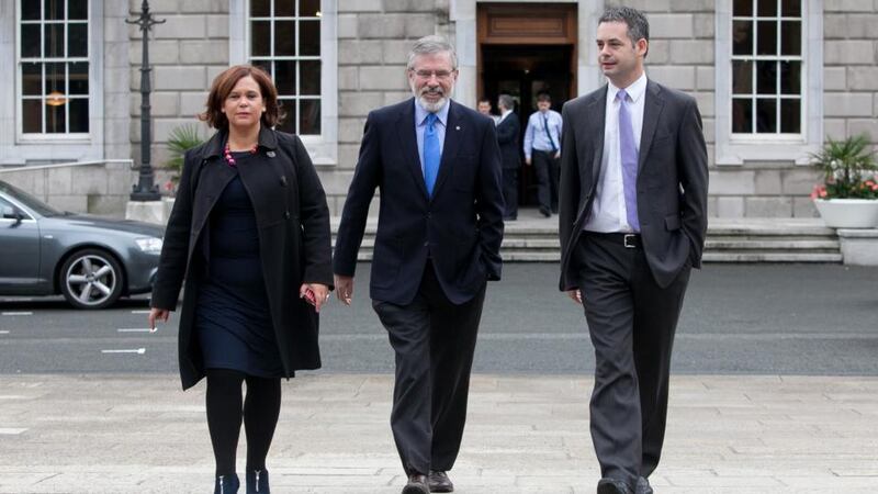 Pearse Doherty with fellow party TDs Mary Lou McDonald and Gerry Adams at Leinster House. Photograph: Gareth Chaney Collins