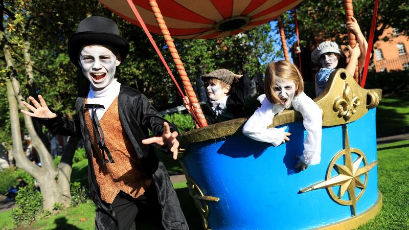 From left, Nathan McCabe (9, Cabra, Dublin 7); Eric Moore (7, Rialto, Dublin 8); Fiadh Mae Walsh (7, Phibsboro, Dublin 7) and Sienna Castro Darcy (7, The Liberties Dublin 8) at St Patrick’s Park Becomes Gothic Playground for Bram Stoker Festival. Photograph: Julien Behan Photography