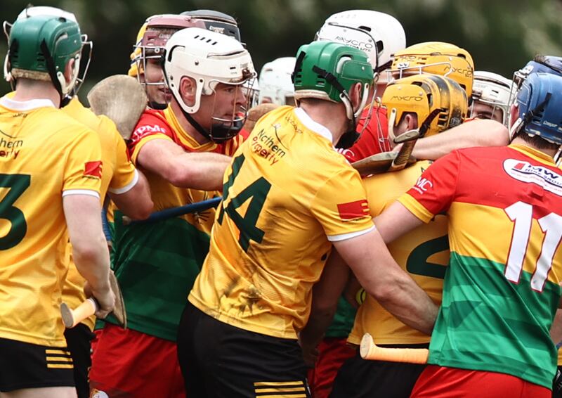Tempers flaring between Antrim and Carlow at half time in Corrigan Park. Photograph: Tom Maher/Inpho