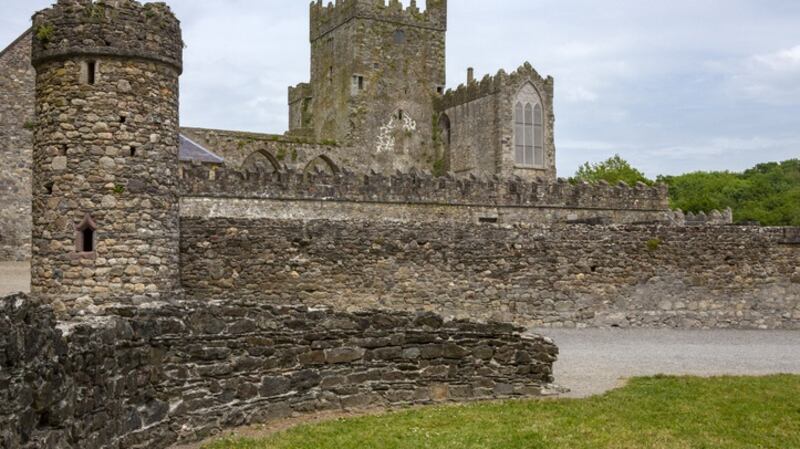 Foxboro Trail, Co Wexford. White arrows lead from the Abbey and then tag the Tintern River through a tranquil deciduous forest.