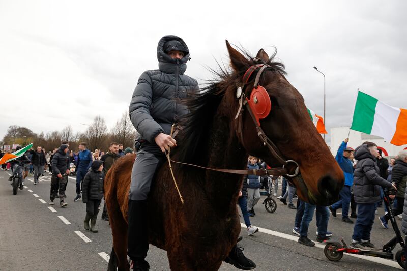 Two young men on horseback led the protest. Photograph: The Irish Times