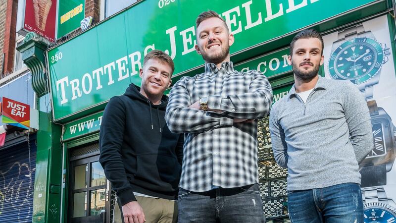Judd (centre) and his best mates Kallum and Alex in Diamond Dealers and Cockney Geezers