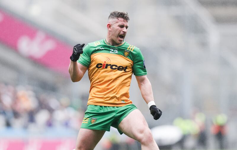 Patrick McBrearty seemed happy about scoring a point for Donegal against Monaghan. Photograph: Tom Maher/Inpho