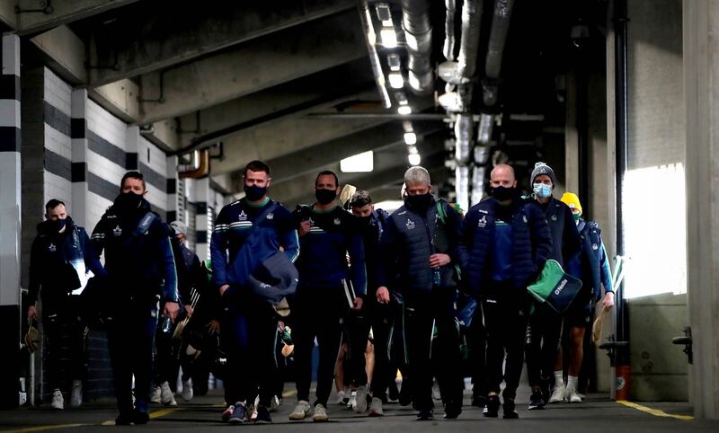 Limerick arrive underneath the Croke Park stands. Photo: Ryan Byrne