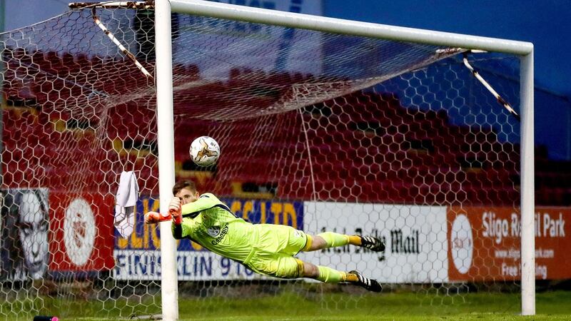 Shaun Patton making a save for Sligo Rovers against Falkirk in an t Irn-Bru Cup clash at the Showgrounds in 2017. Photograph: Bryan Keane/Inpho
