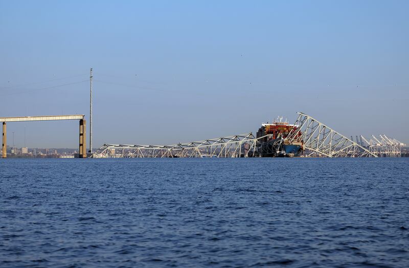 Wreckage from the Francis Scott Key Bridge rests on the Dali cargo ship. Photograph: Kevin Dietsch/Getty Images
