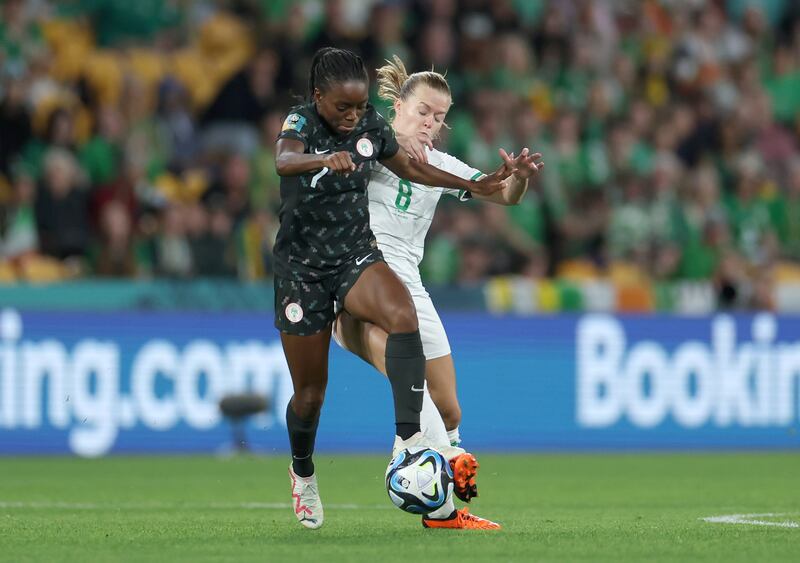 Ireland's Ruesha Littlejohn challenges Nigeria's Toni Payne for the ball during the game in Brisbane. Photograph: Isabel Infantes/PA Wire