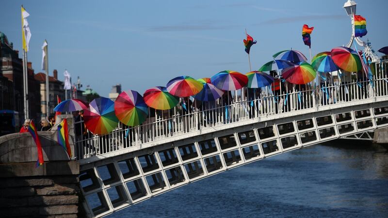 Protesters demonstrate on the Ha’Penny Bridge in Dublin  during the visit of Pope Francis on Saturday. Photograph: Reuters/Hannah McKay