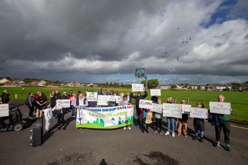 Local people protest against a Government proposal to build modular homes for Ukrainian refugees in  Newbridge, Co Kildare. Photograph: Tom Honan 