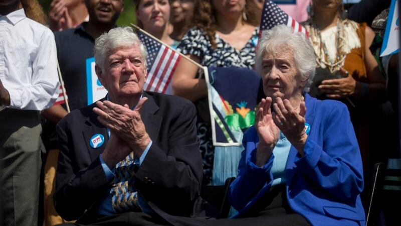 Thomas O’Malley and Barbara O’Malley, parents of Martin O’Malley, listen as their son announces he will seek the Democratic presidential nomination. Photograph: Andrew Harrer/Bloomberg
