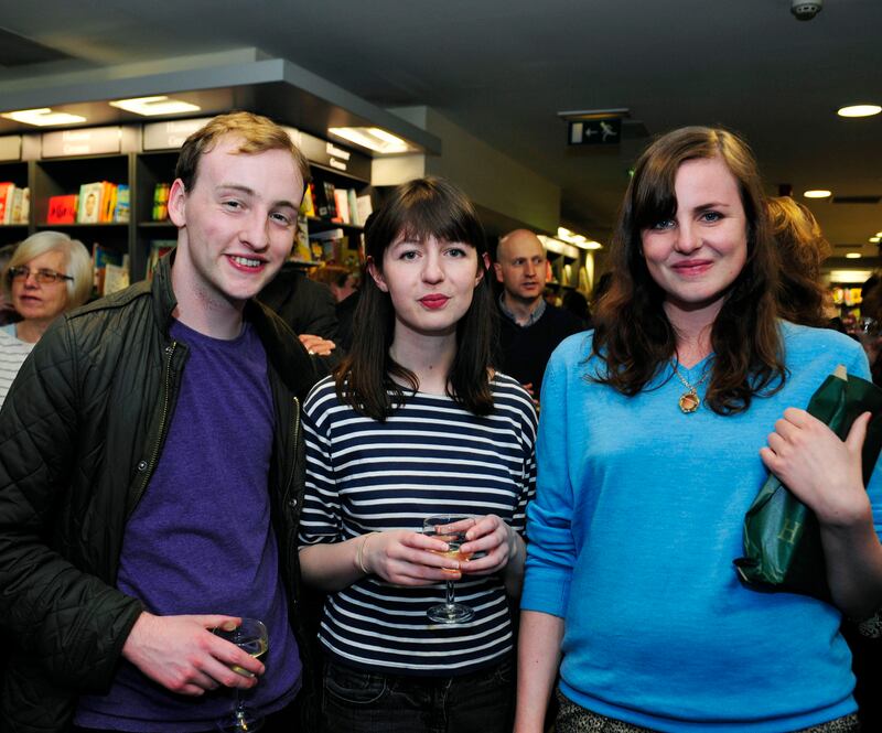 Sally Rooney at the launch of Belinda McKeon’s novel Tender, with Michael Barton and Maggie Armstrong, in June 2015. Photograph: Aidan Crawley