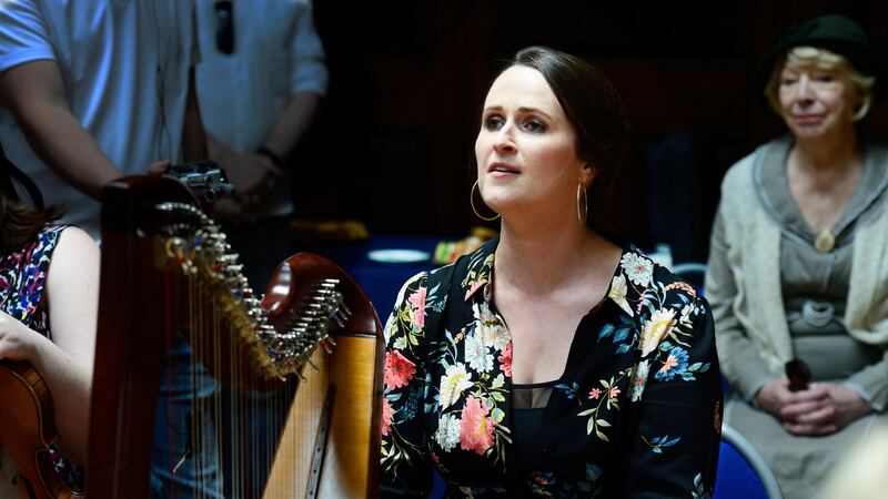 Síle Denvir  singing during the Fair Plé  session at the Mansion House, Dublin. Photograph: Cyril Byrne/The Irish Times